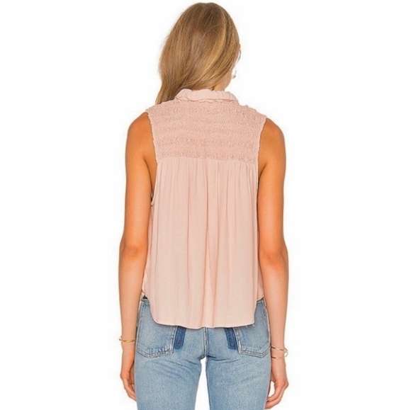 Free People Revolve Ruffle Me Up Pink Button Front Smocked V Neck Tank Top - Picture 2 of 8